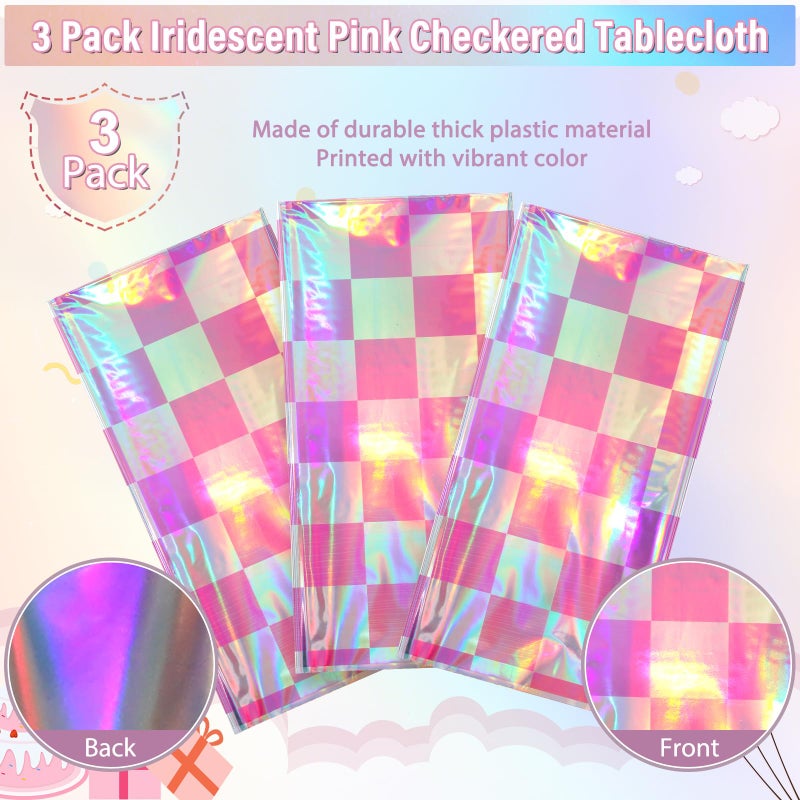 FunnyPars 3 Pack Pink and Iridescent Checkered Plastic Tablecloth  Shiny Disposable Laser Rectangle Table Covers  Holographic Foil Tablecloth Iridescent Party Decorations for Picnic Camping Outdoor  54x108Inch - Image 4
